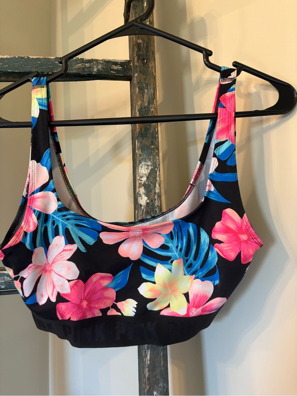 Victoria's Secret Floral Sports Bra in Black with Pink, Blue & Yellow Accents